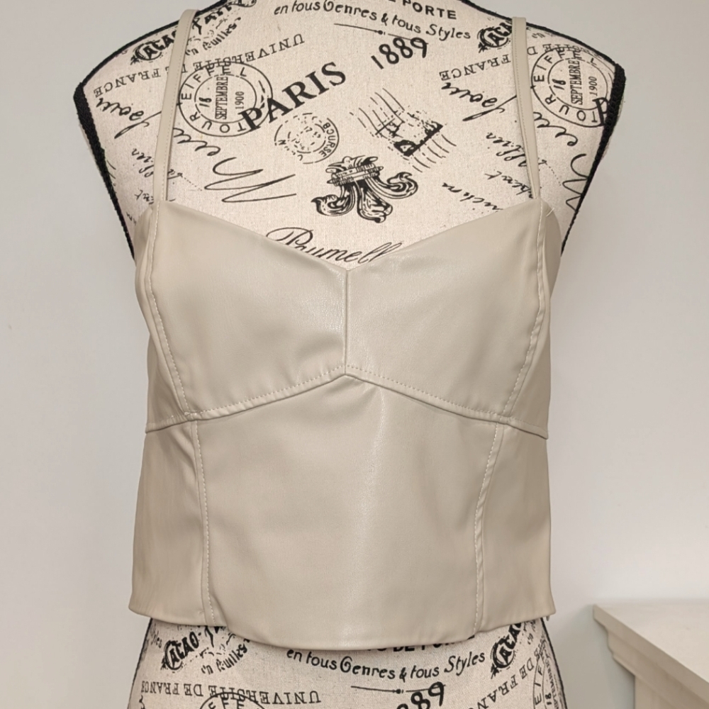 ZARA | Women's Cream Faux Leather Spaghetti Strap Crop Top